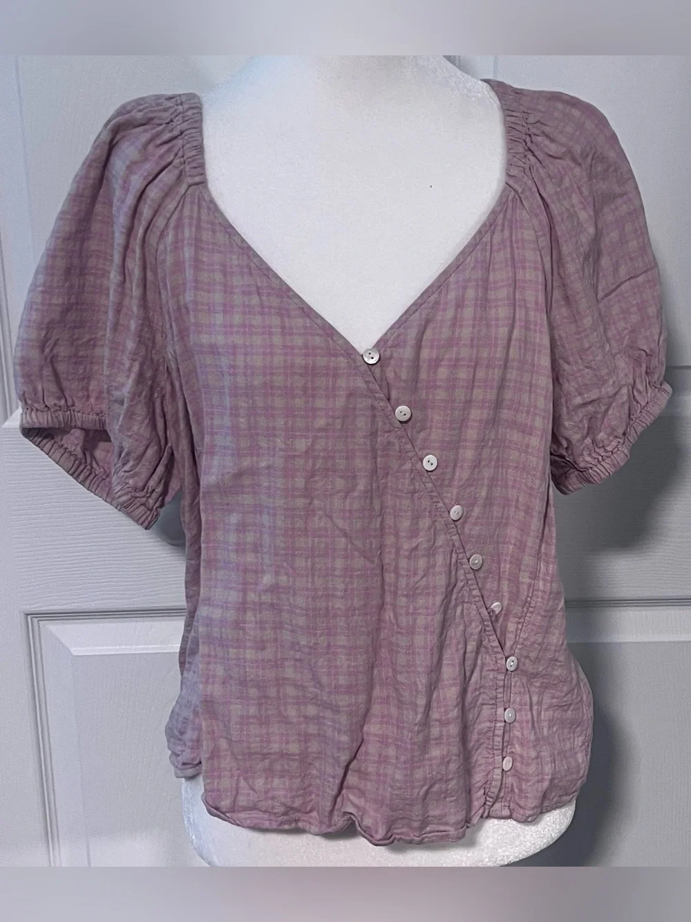 Madewell Lavender Plaid Linen-Blend Puff-Sleeve Button-Wrap Top